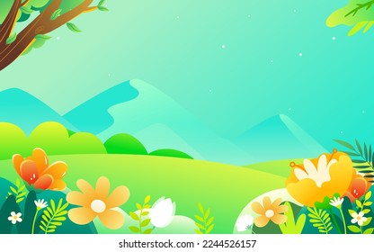 Travel outdoors in spring with mountains and meadows in the background and flowers and trees in the foreground, vector illustration