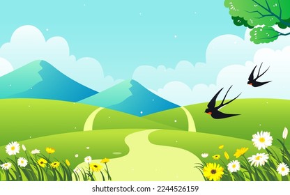 Travel outdoors in spring with mountains and meadows in the background and flowers and trees in the foreground, vector illustration