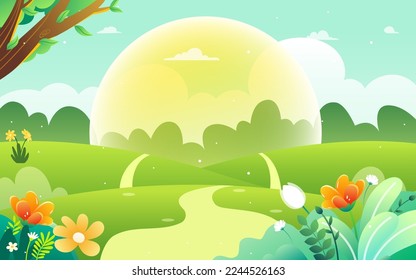 Travel outdoors in spring with mountains and meadows in the background and flowers and trees in the foreground, vector illustration