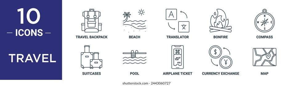 el conjunto de iconos de contorno de viaje incluye una mochila de viaje de línea delgada, playa, traductor, hoguera, brújula, maletas, iconos de piscina para informe, presentación, diagrama, diseño web