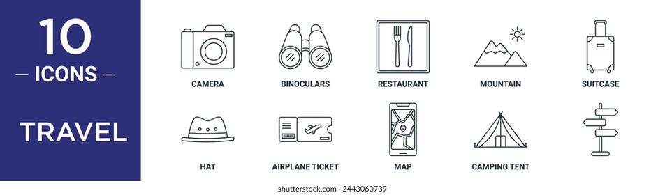 travel outline icon set includes thin line camera, binoculars, restaurant, mountain, suitcase, hat, airplane ticket icons for report, presentation, diagram, web design
