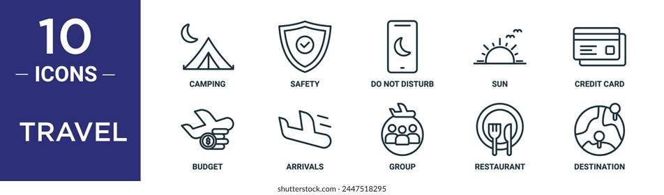 travel outline icon set includes thin line camping, safety, do not disturb, sun, credit card, budget, arrivals icons for report, presentation, diagram, web design