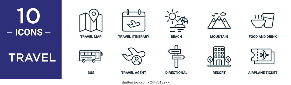 travel outline icon set includes thin line travel map, travel itinerary, beach, mountain, food and drink, bus, agent icons for report, presentation, diagram, web design