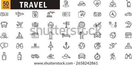 Travel outline icon set. Includes airplane, passport, luggage, car, hotel, map, beach, and vacation elements.
