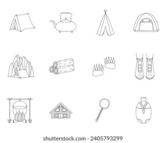 Travel outline icon set. Outdoor activities line illustrations. Editable stroke. Hiking, camping