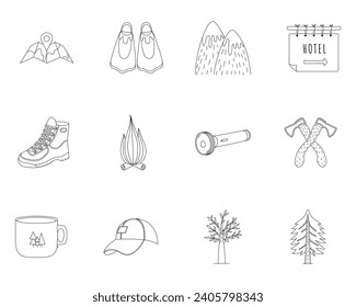 Travel outline icon set. Outdoor activities line illustrations. Editable stroke. Hiking, camping