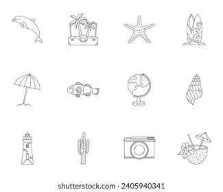 Travel outline icon set. Outdoor activities line illustrations. Beach holiday. Editable stroke. Seaside resort icons. Ocean icons