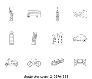 Travel outline icon set. Outdoor activities line illustrations. Editable stroke. Vacation icons. Travel in Europe icon pack