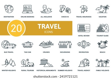 Conjunto de iconos de esquema de viaje. Iconos creativos: destino, reserva en línea, todo incluido, registro de entrada, seguro de viajes, vacaciones, revisión de hoteles, guía turística y más