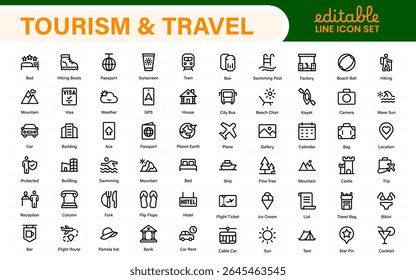 Travel outline icons set. Travel, hotel, holiday, tourism, beach, plane, map, agent and insurance. Booking, reservation, room, airport, accommodation.