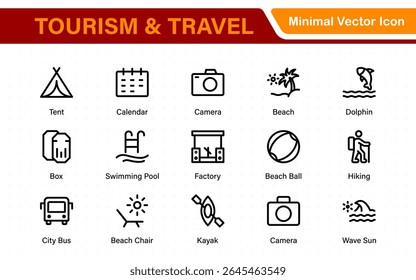 Travel outline icons set. Travel, hotel, holiday, tourism, beach, plane, map, agent and insurance. Booking, reservation, room, airport, accommodation.