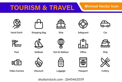 Travel outline icons set. Travel, hotel, holiday, tourism, beach, plane, map, agent and insurance. Booking, reservation, room, airport, accommodation.