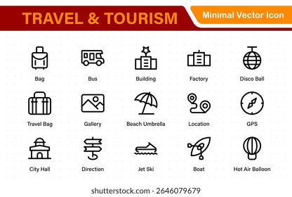Travel outline icons set. Travel, hotel, holiday, tourism, beach, plane, map, agent and insurance. Booking, reservation, room, airport, accommodation.