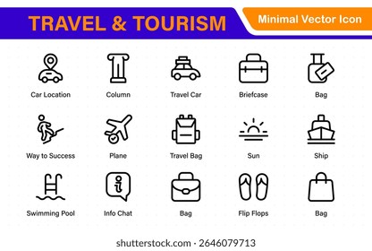Travel outline icons set. Travel, hotel, holiday, tourism, beach, plane, map, agent and insurance. Booking, reservation, room, airport, accommodation.