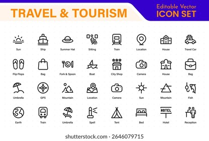Ícones da estrutura de tópicos de viagem definidos. Viagem, hotel, férias, turismo, praia, avião, mapa, agente e seguro. Reserva, quarto, aeroporto, alojamento.