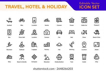 Travel outline icons set. Travel, hotel, holiday, tourism, beach, plane, map, agent and insurance. Booking, reservation, room, airport, accommodation.