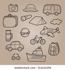 Travel outline icons set, journey trips, adventure, transportation