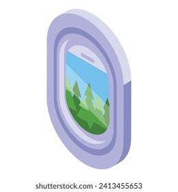 Travel over forest airplane window icon isometric vector. Aviation discover. Fun sky travel