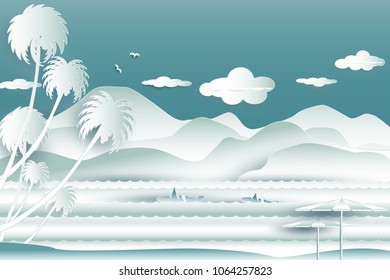 Travel over sea of whale family in water wave between archipelago with the bird flying in the sky and cloud background at summer time,Paper cut style, 3d effect imitation,Vector illustration seascape.