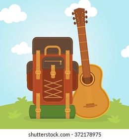 Travel pack with giutar flat design. Travel bag and guitar are ready for journey.