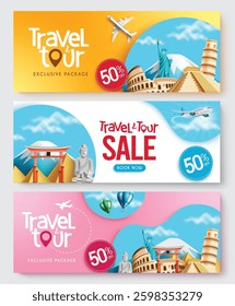 Travel package vector banner set design. Travel tour sale text collection with exclusive discount offer in travel destination background for travelling voucher promotion. Vector illustration.
