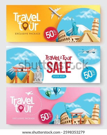 Travel package vector banner set design. Travel tour sale text collection with exclusive discount offer in travel destination background for travelling voucher promotion. Vector illustration.
