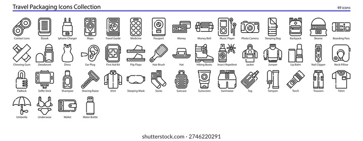 Travel Packaging Vacation Holiday Essentials Icon Collection