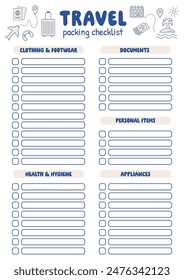 Travel packing checklist, travel planner printable template. Packing checklist, organizer for traveling, trip, cruise, summer holidays, beach vacation, road trip or camping. Preparing for journey.