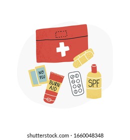 Travel packing first aid set vector set - pills, SPF sunscreen and burn aid lotion, no flu med, and bandage. All objects are movable. Flat vector illustration.