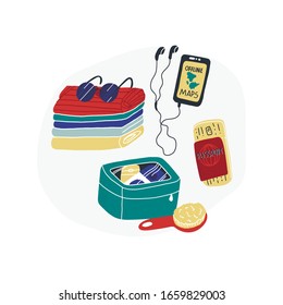 Reisepackung Spaß Vektorillustration Set - Kleidung und einige Reisen Dinge wie Haarbürste und Shampoo in Kosmetikerin, Offline-Karte App in Ihrem Telefon, Dokumente und Tickets. Alle Objekte sind beweglich.