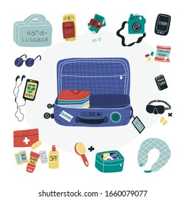 Travel packing fun vector set - suitcase, clothes and some travel things like first aid kit, power bank, chewing bears, electronic book, camera, sleep mask and ear muffs, sunglasses and others.