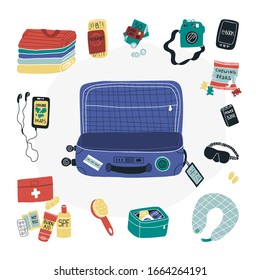 Travel packing fun vector set - suitcase, clothes and some travel things like first aid kit, power bank, chewing bears, electronic book, camera, sleep mask and ear muffs, sunglasses and others. 