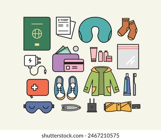 Travel packing items collection. Linear color icon style illustration. 