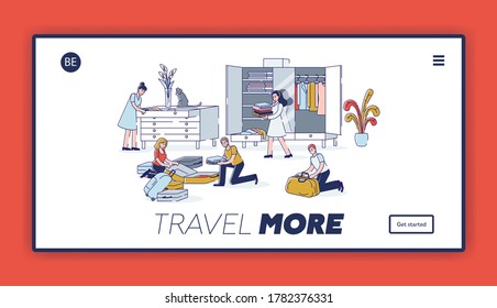 Travel packing landing page with cartoon characters preparing luggage for journey. Young people putting clothes and stuff in suitcases and bags for vacation. Linear vector illustration