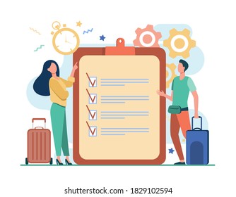 Travel packing list. Man and woman with suitcases standing at checklist and timer flat vector illustration. Travel, vacation, planning concept for banner, website design or landing web page