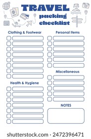 Travel packing list template. Travel planner, organizer for trips, vacation, summer holiday, road trips, camping, beach vacation. Organizer, to do list for travelers. Ultimate travel checklist.