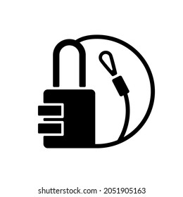 Travel padlock black glyph icon. Safe lock for luggage and suitcases. Combination key for bags. Roadtrip gear. Nomadic lifestyle. Silhouette symbol on white space. Vector isolated illustration