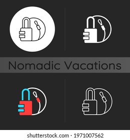 Travel padlock dark theme icon. Safe lock for luggage and suitcases. Combination key for bags. Nomadic lifestyle. Linear white, simple glyph and RGB color styles. Isolated vector illustrations