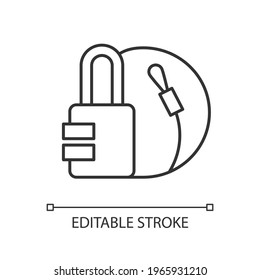 Travel padlock linear icon. Safe lock for luggage and suitcases. Combination key for bags. Thin line customizable illustration. Contour symbol. Vector isolated outline drawing. Editable stroke