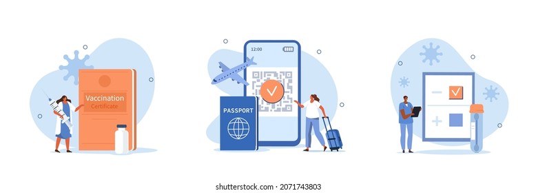 Travel in pandemic illustration set. Characters showing vaccination passport, digital vaccination certificate with qr code and negative coronavirus test.  Vector illustration.