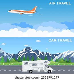 Travel panorama banners. flat style banners, flying plain above the sky, moving RV caravan motorhome in front of mountains. vector illustration in flat design. travel and vacations concept