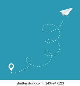 Travel paper airplane route. Trendy line dashed trace and plane routes. Vector icon of air plane flight route with start point and hearted airplane path