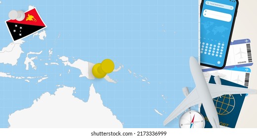 Travel to Papua New Guinea concept, map with pin on map of Papua New Guinea. Vacation preparation map, flag, passport and tickets. Vector illustration in flat design.