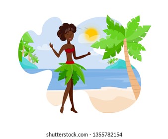 Travel to Paradise Island Flat Color Illustration. African American Woman in Exotic Clothing Cartoon Character. Relaxation on Sunny Beach with Palm Trees. Summer Vacation on Tropical Resort