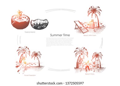 Travel to paradise island, seashore with palm trees, exotic vacation, party on sand beach, holiday season banner. Summer recreation, tropical resort concept sketch. Hand drawn vector illustration