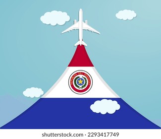 Travel to Paraguay by flight, destination concept, vacation in Paraguay, plane vector design, paper cut effect with blue sky and airplane, summer trip idea, country tourism banner