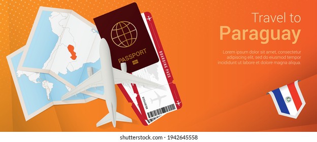 Travel to Paraguay pop-under banner. Trip banner with airplane tickets, boarding pass and passport with map and flag of Paraguay. Vector template.