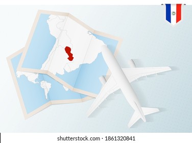 Travel to Paraguay, top view airplane with map and flag of Paraguay. Travel and tourism banner design.