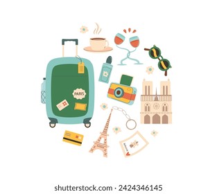 Travel Paris circle composition. Tourism to France elements in round shape isolated on white background. Trip to Europe country. Holiday weekend vacation. Vector flat illustration.