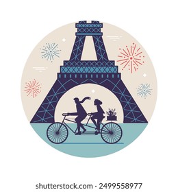 Travel Paris circle icon with Eiffel tower, fireworks and tandem bicycle. Popular Paris monument and tourist attraction.